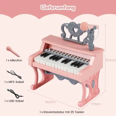 Mini klávesnica s 25 klávesmi, notovým stojanom a mikrofónom - detské elektrické piano, ružové