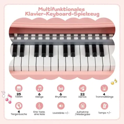 Mini klávesnica s 25 klávesmi, notovým stojanom a mikrofónom - detské elektrické piano, ružové