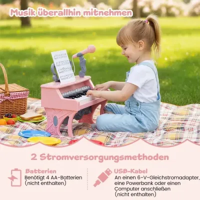 Mini klávesnica s 25 klávesmi, notovým stojanom a mikrofónom - detské elektrické piano, ružové