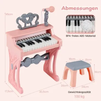 Mini klávesy so stoličkou, notovým stojanom a mikrofónom, 25 klávesov, elektrické piano, ružové