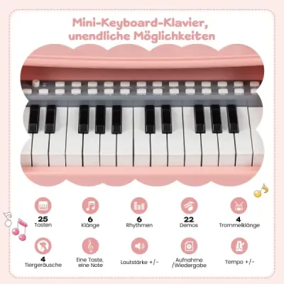 Mini klávesy so stoličkou, notovým stojanom a mikrofónom, 25 klávesov, elektrické piano, ružové