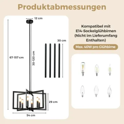 Luster so 6 svetlami, stropné svietidlo v industriálnom štýle, závesné svietidlo s nastaviteľnou výškou 67-157 cm, čierný