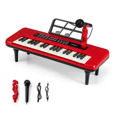 37-klávesové elektronické piano s mikrofónom, notovým stojanom a odnímateľnými nohami, digitálne piano, červené