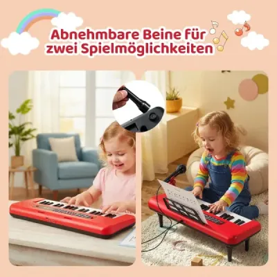 37-klávesové elektronické piano s mikrofónom, notovým stojanom a odnímateľnými nohami, digitálne piano, červené