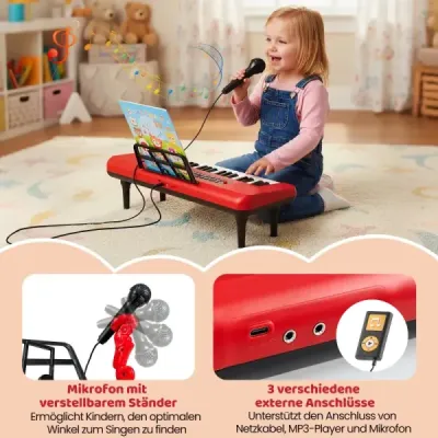 37-klávesové elektronické piano s mikrofónom, notovým stojanom a odnímateľnými nohami, digitálne piano, červené
