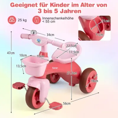 Detský odrážadlo trojkolka s obmedzeným ovládaním, zvončekom a ergonomickým sedadlom, hračka pre batoľatá, ružová