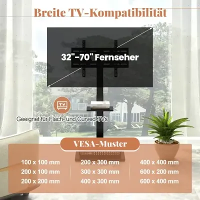 Televízny stojan pre ploché a zakrivené televízory s uhlopriečkou 32-70 palcov a hmotnosťou do 45 KG Výškovo nastaviteľný TV stojan 108-132 cm s 2 zásuvkami a USB / typ C