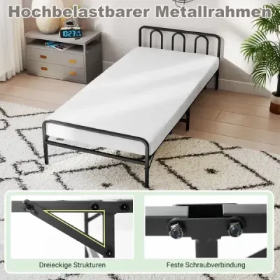 Skladací rám postele s matracom Prenosná skladacia posteľ s čelom a nohami Posteľ s plošinou čierna 200 x 90 cm
