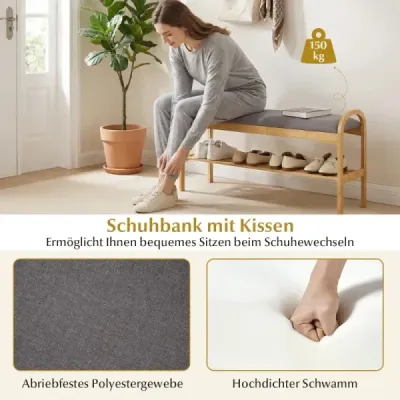 Lavica na topánky so sedadlom, 2-poschodová lavica s čalúneným vankúšom a bambusovým rámom, skrinka na topánky