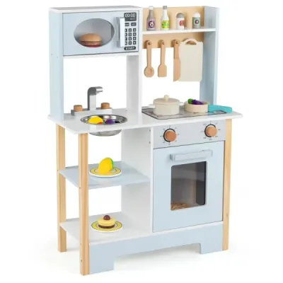 Detská kuchynka s tabuľou, mikrovlnnou rúrou, sporákom, odkvapkávacou miskou, vodovodným kohútikom a drezom Detská kuchynka Modrá