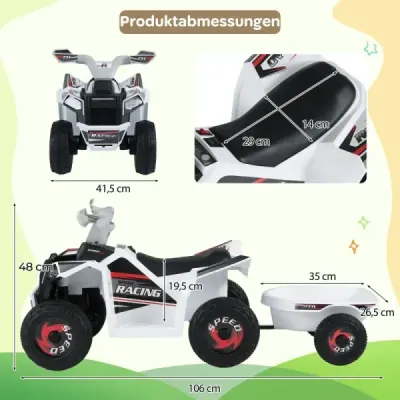 6V detské elektrické ATV s prívesom Elektrické vozidlo s odolnými kolesami Biela