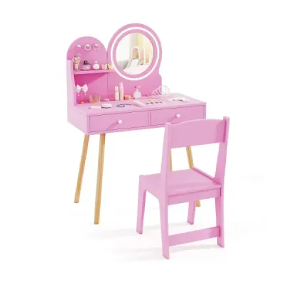 Detská toaletná súprava s osvetleným zrkadlom Kozmetický stolík a stolička s motívom princezien Ružová
