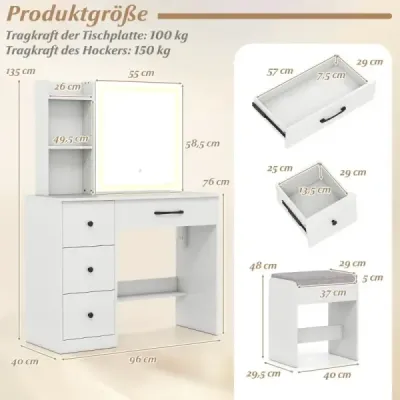 Toaletný stolík s posuvným zrkadlom LED a stoličkou a zásuvkami Kozmetický stolík biely