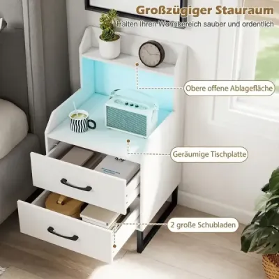 Nočný stolík s integrovanou nabíjacou stanicou, LED osvetlením a 2 zásuvkami. Moderný príručný stolík, biely.