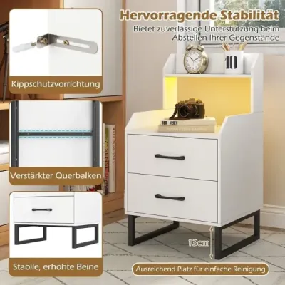 Nočný stolík s integrovanou nabíjacou stanicou, LED osvetlením a 2 zásuvkami. Moderný príručný stolík, biely.
