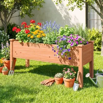 Drevený vyvýšený záhradný záhon pre deti, 120 x 43,5 x 51 cm, kvetináč, nosnosť do 100 kg, oranžový