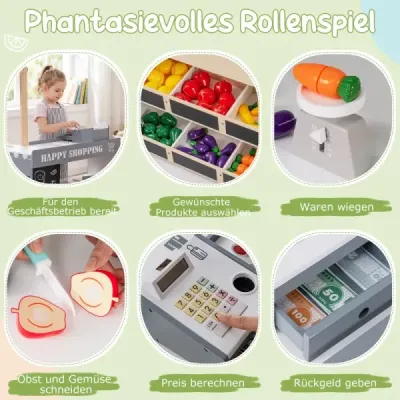 Detský obchodík drevený s nákupným vozíkom automat na predaj hračky pokladňa pult príroda