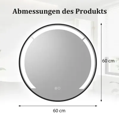 60 cm okrúhle kúpeľňové zrkadlo Kúpeľňové zrkadlo s LED osvetlením a hliníkovým rámom Kozmetické zrkadlo Čierne