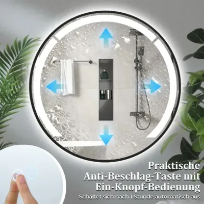60 cm okrúhle kúpeľňové zrkadlo Kúpeľňové zrkadlo s LED osvetlením a hliníkovým rámom Kozmetické zrkadlo Čierne