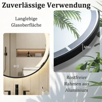 60 cm okrúhle kúpeľňové zrkadlo Kúpeľňové zrkadlo s LED osvetlením a hliníkovým rámom Kozmetické zrkadlo Čierne