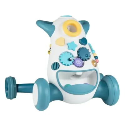 Detský chodítko Baby Walker s hudbou a svetlom Pomocník na chôdzu s triedičom tvarov, rotujúcimi ozubenými kolesami, modrý