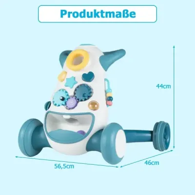 Detský chodítko Baby Walker s hudbou a svetlom Pomocník na chôdzu s triedičom tvarov, rotujúcimi ozubenými kolesami, modrý