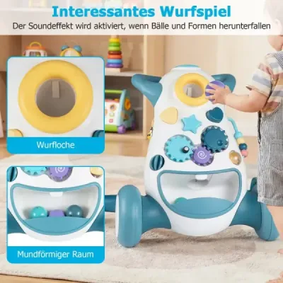 Detský chodítko Baby Walker s hudbou a svetlom Pomocník na chôdzu s triedičom tvarov, rotujúcimi ozubenými kolesami, modrý