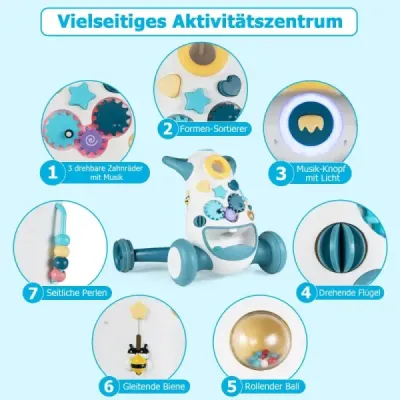 Detský chodítko Baby Walker s hudbou a svetlom Pomocník na chôdzu s triedičom tvarov, rotujúcimi ozubenými kolesami, modrý
