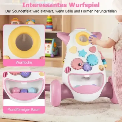 Detský chodítko Baby Walker s hudbou a svetlom Pomocník na chôdzu s triedičom tvarov, rotujúcimi ozubenými kolesami, ružový
