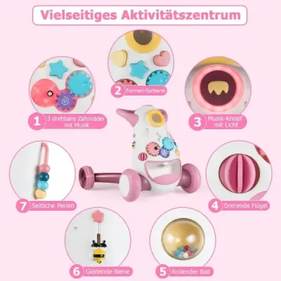 Detský chodítko Baby Walker s hudbou a svetlom Pomocník na chôdzu s triedičom tvarov, rotujúcimi ozubenými kolesami, ružový