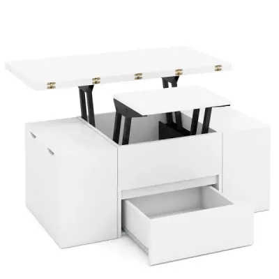 Sklopný konferenčný stolík so 4 úložnými taburetkami 3 v 1 Obývačkový stolík Sklopný Biely