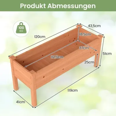 Drevený vyvýšený záhradný záhon pre deti, 120 x 43,5 x 51 cm, kvetináč, nosnosť do 100 kg, oranžový