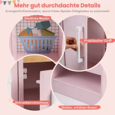 Obojstranná detská kuchynka Drevená detská kuchynka s vodným dávkovačom a odsávačom pár Ružová
