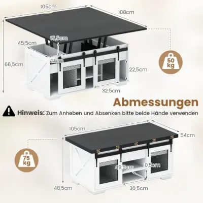 Konferenčný stolík s výškovo nastaviteľnou doskou 105 cm Stôl Landhaus-Center s 2 posuvnými dverami Čierny