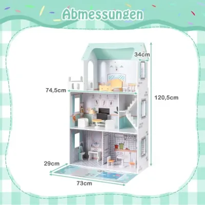 Drevený domček pre bábiky s 17-dielnym nábytkom a schodiskovým príslušenstvom Dollhouse Green