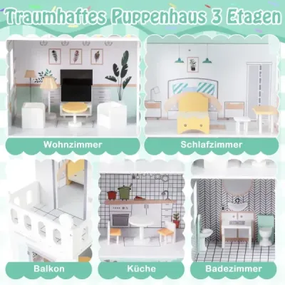 Drevený domček pre bábiky s 17-dielnym nábytkom a schodiskovým príslušenstvom Dollhouse Green