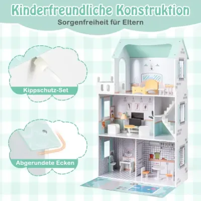 Drevený domček pre bábiky s 17-dielnym nábytkom a schodiskovým príslušenstvom Dollhouse Green