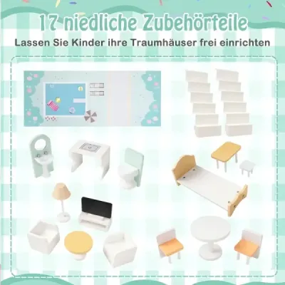Drevený domček pre bábiky s 17-dielnym nábytkom a schodiskovým príslušenstvom Dollhouse Green