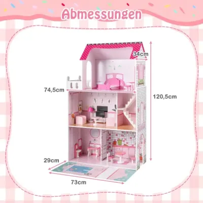 Drevený domček pre bábiky s 17-dielnym nábytkom a schodiskovým príslušenstvom Dollhouse Rosa