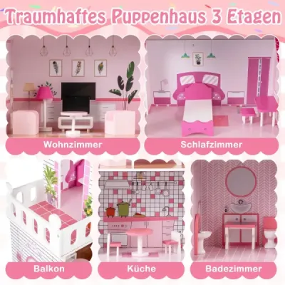 Drevený domček pre bábiky s 17-dielnym nábytkom a schodiskovým príslušenstvom Dollhouse Rosa
