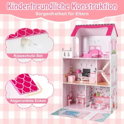 Drevený domček pre bábiky s 17-dielnym nábytkom a schodiskovým príslušenstvom Dollhouse Rosa