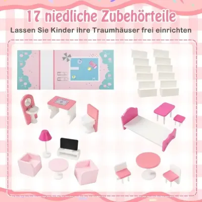 Drevený domček pre bábiky s 17-dielnym nábytkom a schodiskovým príslušenstvom Dollhouse Rosa