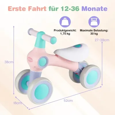 Detské odrážadlo s nastaviteľným mäkkým sedadlom a 4 tichými kolesami bez pedálov, ružové
