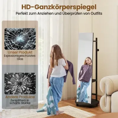 2 v 1 celotelové zrkadlo s 3 háčikmi, odkladacími priehradkami a univerzálnymi kolieskami, čierne