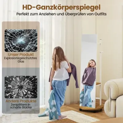 2 v 1 celotelové zrkadlo s 3 háčikmi, odkladacími priehradkami a univerzálnymi kolieskami, biele