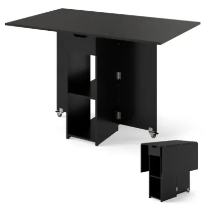 Skladací jedálenský stôl s 2 kolieskami, 2-úrovňovou policou a zásuvkou. Skladací stôl, čierny.