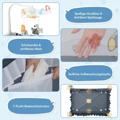 Detská postieľka 4 v 1 s odnímateľným baldachýnom, cestovná postieľka s matracom, bočná posteľ s kolieskami, sivá