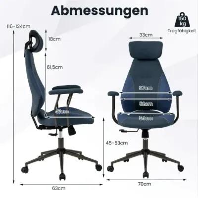 Ergonomická kancelárska stolička s ľanovou látkou a nastaviteľným operadlom a opierkou hlavy, kancelárska stolička, modrá