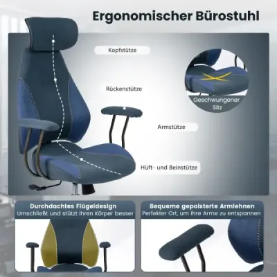 Ergonomická kancelárska stolička s ľanovou látkou a nastaviteľným operadlom a opierkou hlavy, kancelárska stolička, modrá