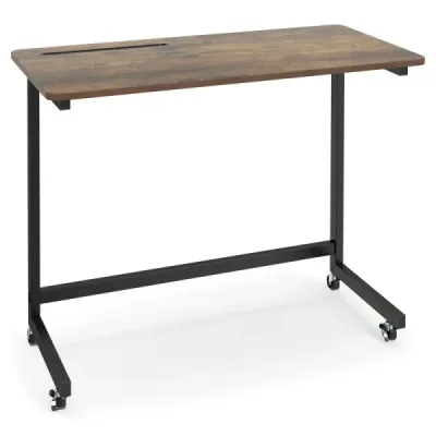 Mobilný bočný stolík, kolieskový stolík na notebook s úložným priestorom, stolík na notebook v tvare C k pohovke, rustikálny hnedý